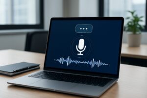 Laptop displaying a microphone icon and sound wave visualization on a dark screen