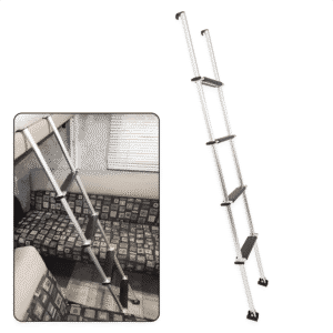 An aluminum loft ladder leaning against a couch in an indoor space, showcasing easy access to upper areas of a home.